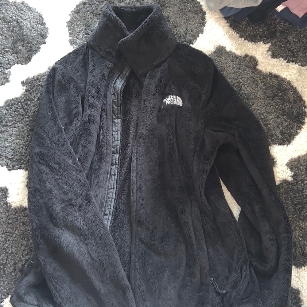 WOMENS BLACK FUZZY NORTH FACE COAT!!! Barely ever worn but in amazing condition!